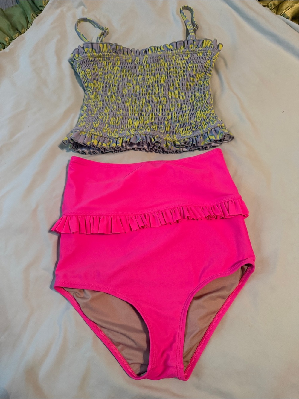 Kortni Jeane Girls Two-Piece Swim Set in Hot Pink and neon leopard 12/13